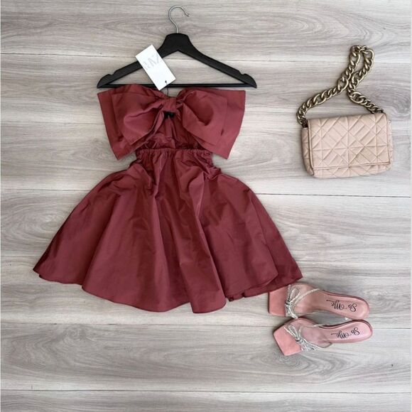 Zara CUT OUT BOW TAFFETA DRESS brown - Picture 1 of 10